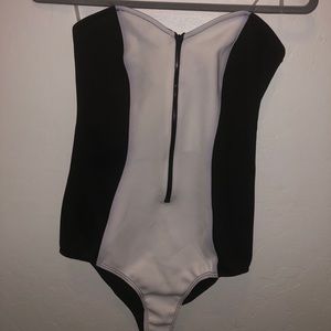Black/White Strapless Color Block Bodysuit